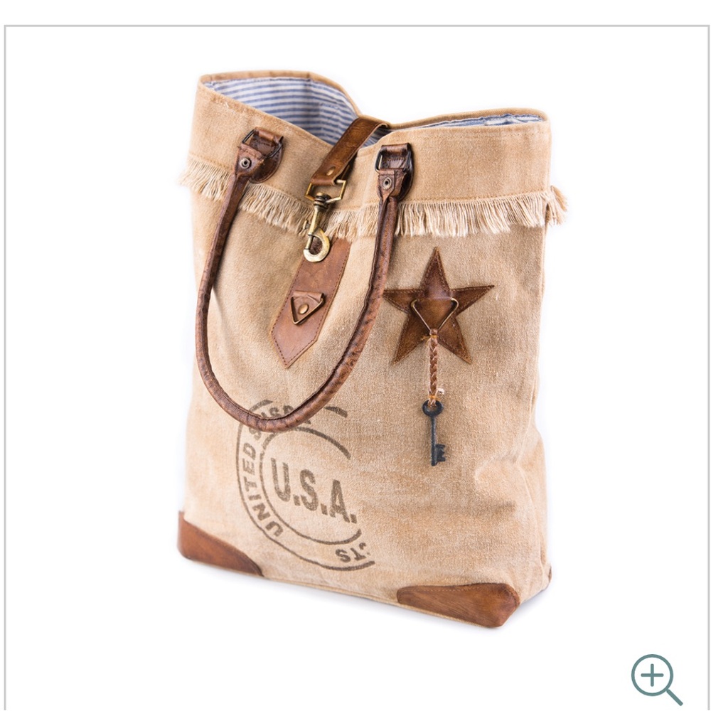 Mona B Beige Canvas Tote with Brown Leather Accents
